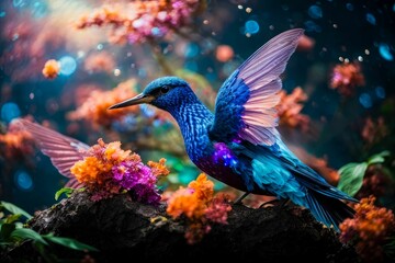 Obraz premium a vibrant blue hummingbird with its wings outstretched among a backdrop of colorful blooms