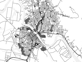 Greyscale vector city map of  Rockhampton in Australia with with water, fields and parks, and roads on a white background.