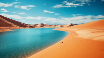 Fototapeta na wymiar Crystal clear lake in desert area. Sand hills and blue sky. Oasis, tourism concept.