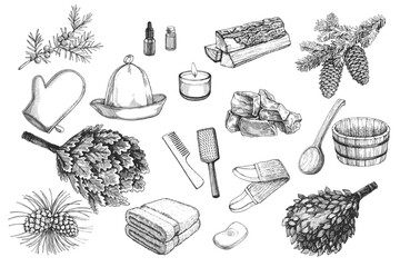 Vector hand-drawn set of bathroom accessories. Collection of black and white sketches with hat, firewood, basin, stones and other objects for Russian bathhouse or Finnish sauna.