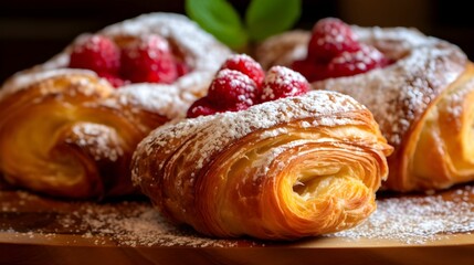 Plate of fresh puff pastries with raspberries and powdered sugar, AI-generated.