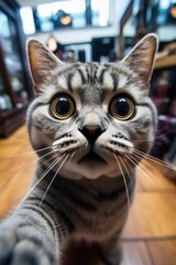 AI generated illustration of a tabby cat taking a selfie at home