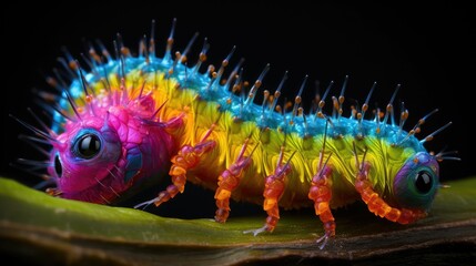 AI generated illustration of a colorful caterpillar on a leaf - obrazy, fototapety, plakaty