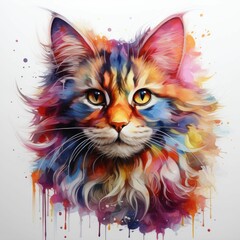 AI generated illustration of a tabby kitten portrait in vibrant colorful paints