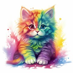 AI generated illustration of a tabby kitten portrait in vibrant colorful paints