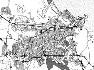 Greyscale vector city map of  Townsville in Australia with with water, fields and parks, and roads on a white background.