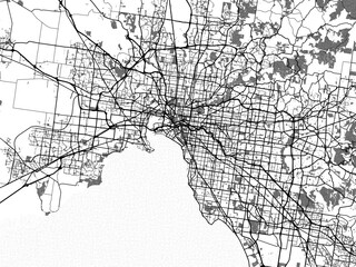 Greyscale vector city map of  Melbourne in Australia with with water, fields and parks, and roads on a white background.