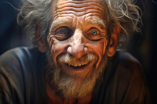 Portrait of happy old man with gray hair, beard and moustache Homeless person laughing and looking at camera.