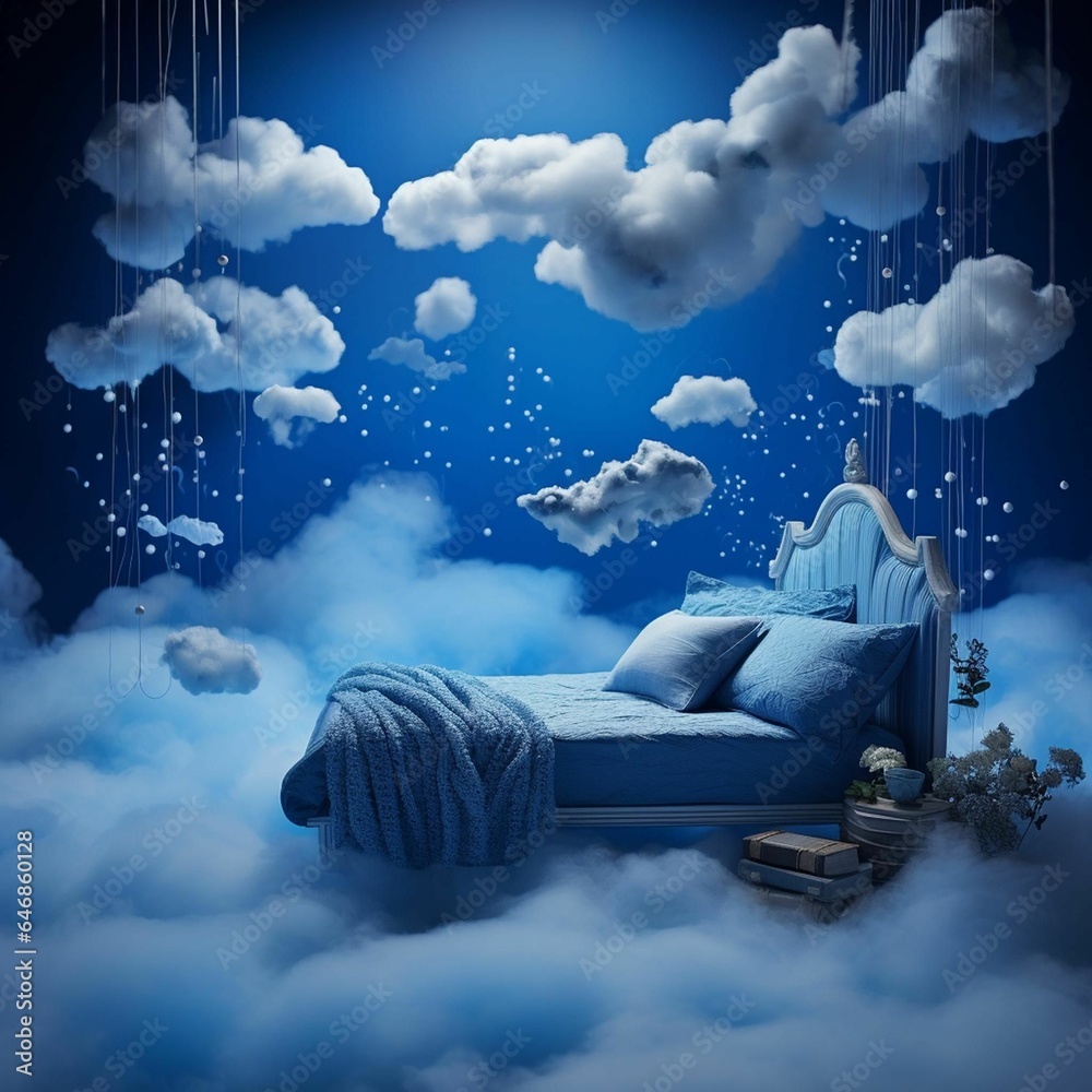 Canvas Prints ai generated illustration of a bedroom with a white cloud-patterned ceiling