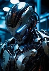 Fototapeta premium AI generated illustration of a robotic figure with sleek metallic armor in a futuristic environment