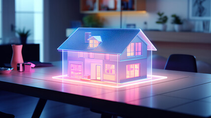 concept holo 3d render model of a small living house on a table. Generative AI