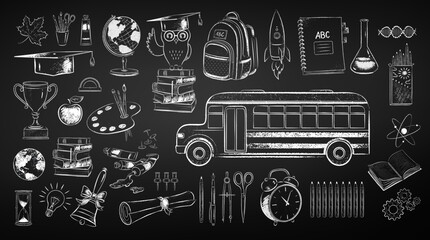 Vector black and white chalk drawn illustration collection of education and science items on chalkboard background. © Sonya illustration