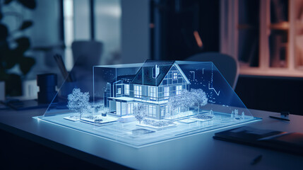 concept holo 3d render model of a small living house on a table. Generative AI