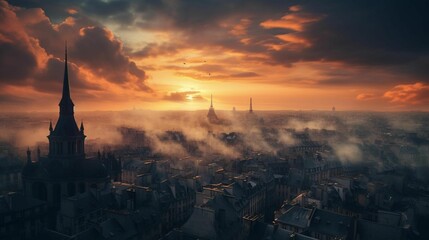 AI generated illustration of a cityscape shrouded in a thick fog, creating an ethereal atmosphere