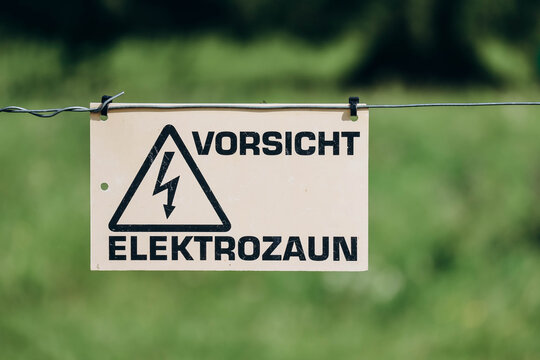 Electric fence warning sign "Be careful electric fence", Bavaria, Germany
