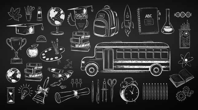 Vector black and white chalk drawn illustration collection of education and science items on chalkboard background.