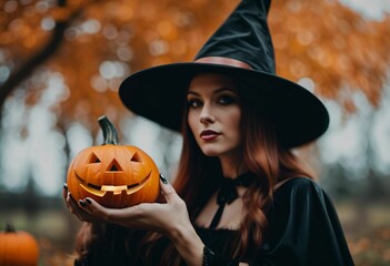 beautiful redhead haired woman in a black witches costume holding a pumpkin