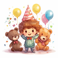 Obraz na płótnie Canvas Clipart for children's birthday. The boy holds balloons in his hands. Illustration for postcards