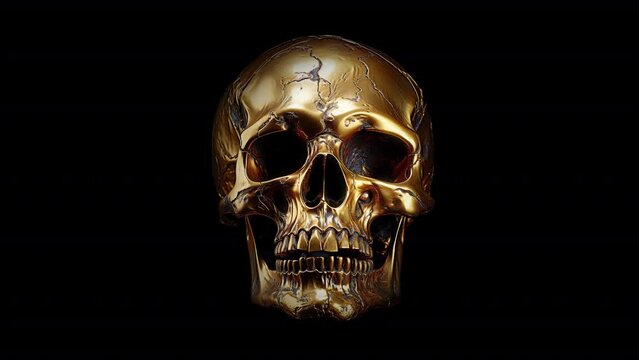 A Fantastic Display Of A Golden Skull. Illustration On The Theme Of Fantasy And Animation, Horror And Fear, Halloween And Effects.