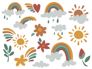 Fototapeta na wymiar A set of cute hand drawings rainbow, sun, cloud, star, weather in boho style. Elements of a clipart with cartoon doodles for a children's room. Design of an invitation card, birthday, children's party
