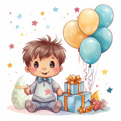 Fototapeta na wymiar Clipart for children's birthday. A boy rejoices at gifts and balloons. illustration for cards