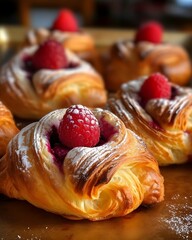 Plate of fresh puff pastries with raspberries and powdered sugar, AI-generated.