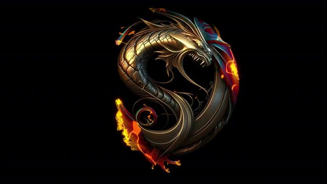 The Spectacular Appearance Of The Golden Dragon Sign From The Flames. Illustration On The Theme Of Fantasy And Animation, Horror And Fear, Halloween And Effects.