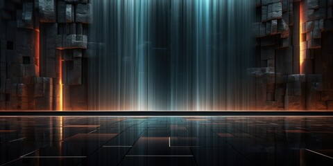 Rock wall with waterfall and neon design. AI Generation 