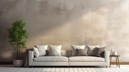 Modern beige designer sofa on legs with cushions, minimalistic living room