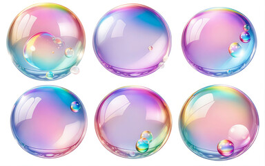 Set of realistic transparent colorful soap bubbles with rainbow reflection on transparent background.
