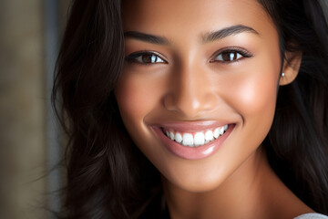 Obraz premium portrait of a gorgeous asian indian woman with bright white teeth. perfect image for dentist advertising or marketing campaign