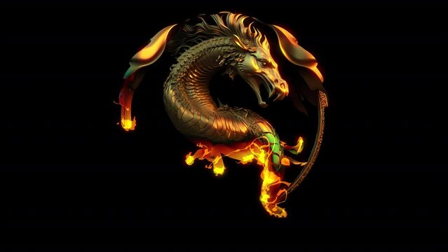 The Appearance Of A Sign With A Golden Dragon Serpent From The Flame. Illustration On The Theme Of Fantasy And Animation, Symbols And Emblems.