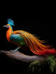 AI generated illustration of An majestic colorful avian perched on a moss-covered wooden branch