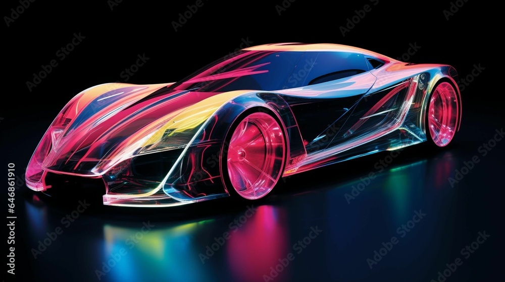 Sticker ai generated illustration of an eye-catching glass car with fluorescent lighting