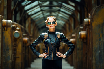 Steampunk style woman in a black leather jacket