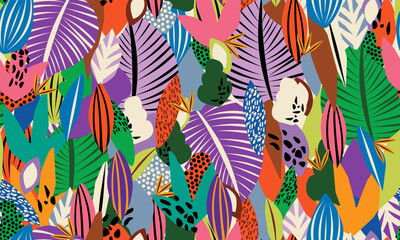 Abstract Leaves Seamless Pattern. Floral Leaf Collage Contemporary Trendy Pattern. Fall Hand Drawn Modern Cartoon Style Background.