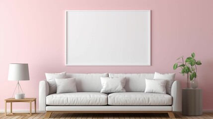 Living room with a pink wall, white sofa, and a blank frame, with copy space, AI-generated