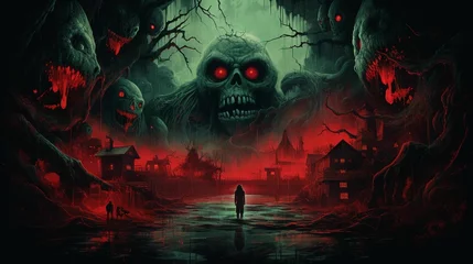 Fotobehang AI-generated illustration of an eerie Halloween-themed movie poster art with skulls and demons © Mohammed Shamaa/Wirestock Creators