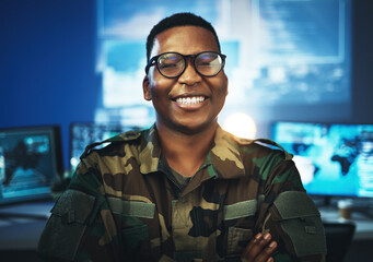 Military, surveillance and happy portrait of man with arms crossed in cybersecurity, control room...