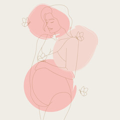 Hand drawn pregnant woman. Motherhood concept. Outline pregnant girl on colored spots. Happy pregnant woman hugging her belly. Maternity concept illustration. Prenatal care emblem