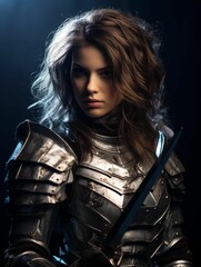 Naklejka premium a beautiful woman in armour with sword on dark background photo