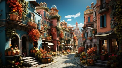 Fototapeta premium Energetic skyline with a variety of vibrant colorful buildings, AI-generated.