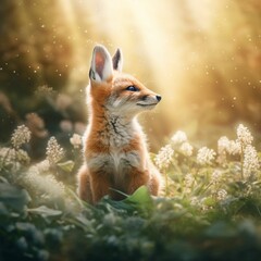 Fototapeta premium AI generated illustration of a small red fox cub in lush green grass as the sun rises in the horizon