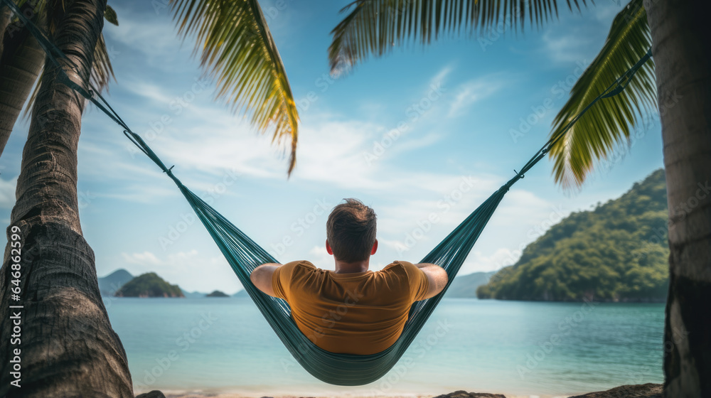 Wall mural happy man lies in a hammock against a backdrop of palm trees and the sea during a vacation