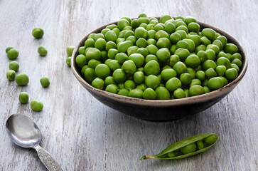 Shelled peas in a bowl. Front view.