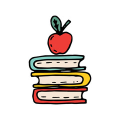 Red apple on a stack of school books. Textbooks, cartoon doodle illustration