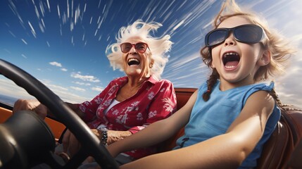 a young girl and an elderly woman driving a car with glasses