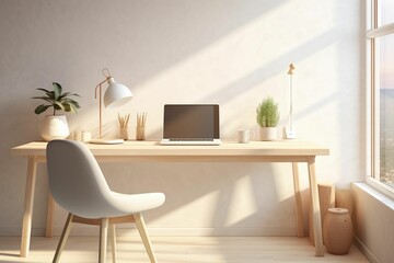 AI generated illustration of a laptop on a desk in. cozy, modern office in sunlight