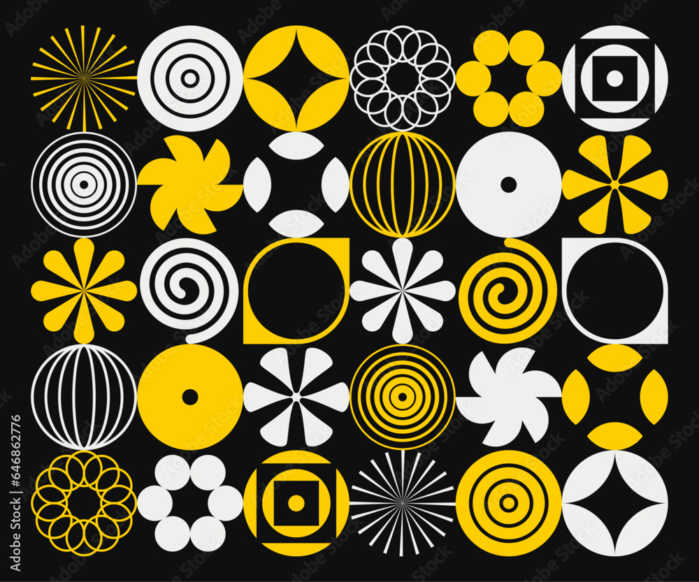 Poster set of minimalist and geometric vector elements with circles, stars and spirals
