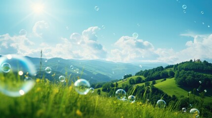 Soap bubbles floating. Soap bubbles against a background of green hills.